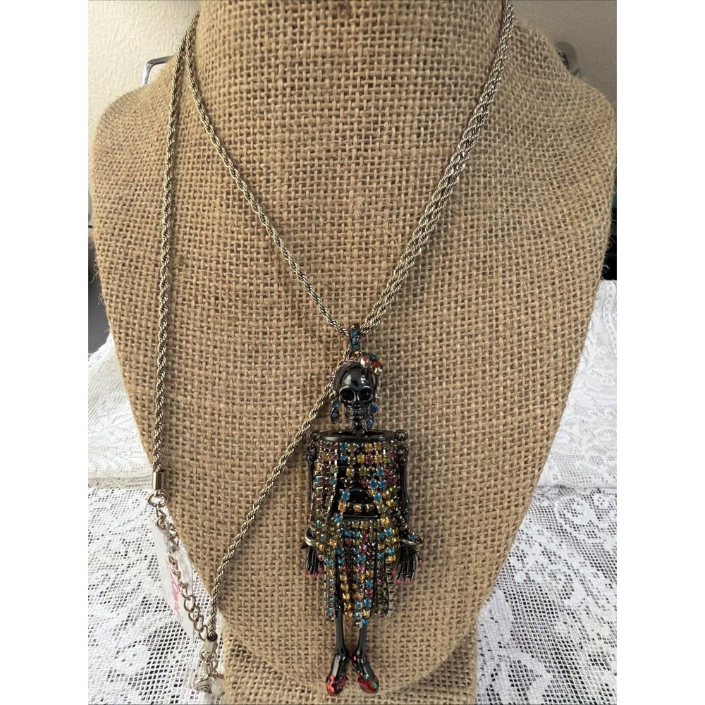 Betsey Johnson All Hallows Skeleton Flapper Necklace Gunmetal Multicolored